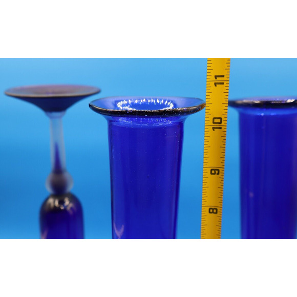 Set Of 3 Cobalt Blue Fluted Glass with Flat Rim Frosted Stem Art Decor. - Picture 10 of 11
